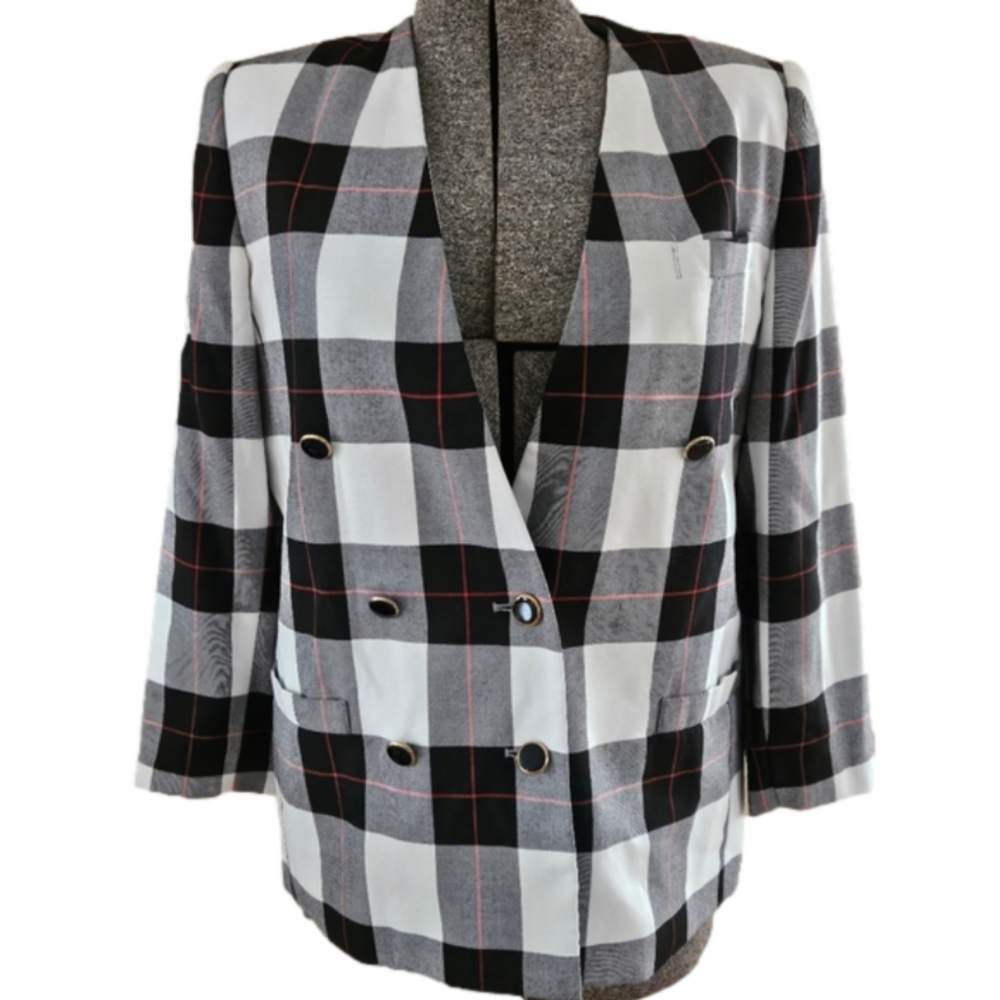 Vintage Worthington Petite Black, White & Red Plaid Lined Blazer-Size 12